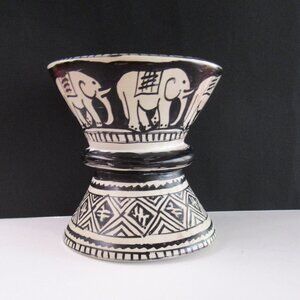 Vintage heavy ceramic candle pillar holder tribal pattern with elephants